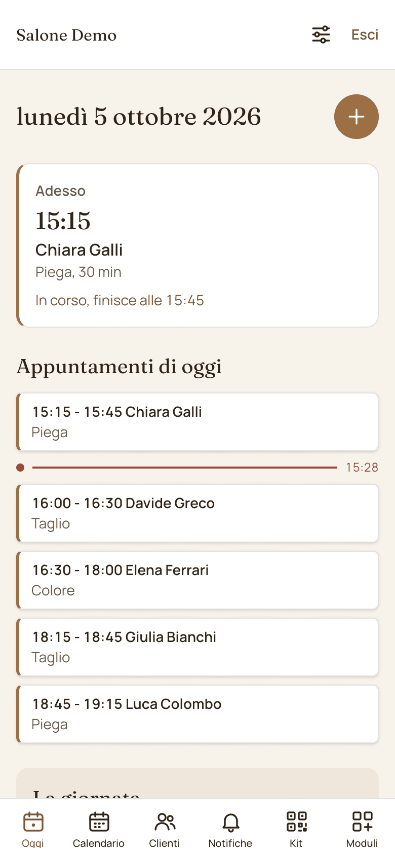 L'agenda del giorno, con l'appuntamento in corso